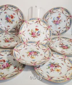 Lush Hand Painted Donath Dresden Porcelain 8 Plates Florals Blue Border Gold