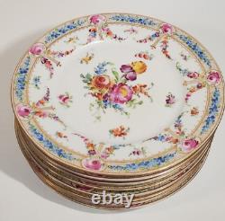 Lush Hand Painted Donath Dresden Porcelain 8 Plates Florals Blue Border Gold