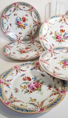 Lush Hand Painted Donath Dresden Porcelain 8 Plates Florals Blue Border Gold