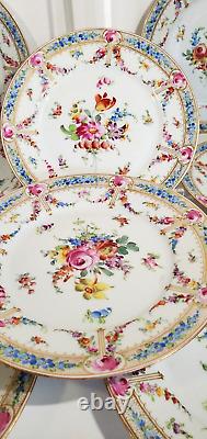 Lush Hand Painted Donath Dresden Porcelain 8 Plates Florals Blue Border Gold