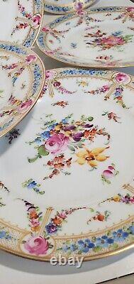 Lush Hand Painted Donath Dresden Porcelain 8 Plates Florals Blue Border Gold