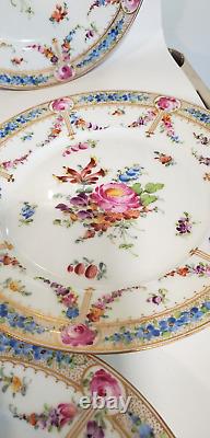 Lush Hand Painted Donath Dresden Porcelain 8 Plates Florals Blue Border Gold