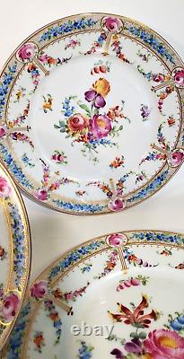 Lush Hand Painted Donath Dresden Porcelain 8 Plates Florals Blue Border Gold