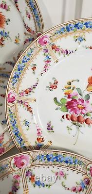Lush Hand Painted Donath Dresden Porcelain 8 Plates Florals Blue Border Gold