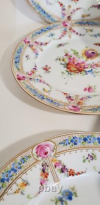 Lush Hand Painted Donath Dresden Porcelain 8 Plates Florals Blue Border Gold
