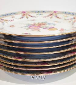 Lush Hand Painted Donath Dresden Porcelain 8 Plates Florals Blue Border Gold