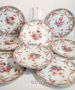 Lush Hand Painted Donath Dresden Porcelain 8 Plates Florals Blue Border Gold