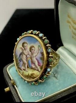 Massive French Victorian 14K yellow gold Hand Painted Cherub Porcelain ring