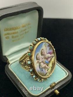 Massive French Victorian 14K yellow gold Hand Painted Cherub Porcelain ring