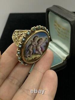 Massive French Victorian 14K yellow gold Hand Painted Cherub Porcelain ring