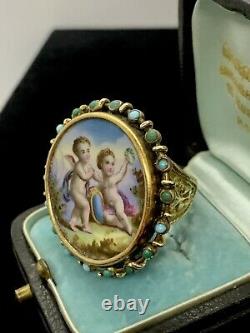 Massive French Victorian 14K yellow gold Hand Painted Cherub Porcelain ring