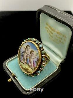 Massive French Victorian 14K yellow gold Hand Painted Cherub Porcelain ring