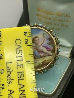 Massive French Victorian 14K yellow gold Hand Painted Cherub Porcelain ring