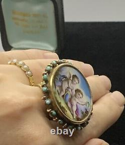 Massive French Victorian 14K yellow gold Hand Painted Cherub Porcelain ring