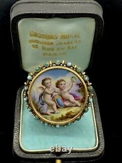 Massive French Victorian 14K yellow gold Hand Painted Cherub Porcelain ring