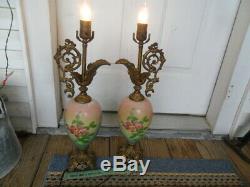 Matching Pair of Vintage Ornate Hand Painted Porcelain Ewer Lamps Floral Pitcher