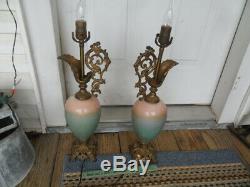 Matching Pair of Vintage Ornate Hand Painted Porcelain Ewer Lamps Floral Pitcher