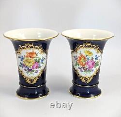 Meissen Hand-Painted Floral Cobalt Trumpet Vases