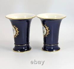 Meissen Hand-Painted Floral Cobalt Trumpet Vases