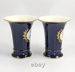 Meissen Hand-Painted Floral Cobalt Trumpet Vases