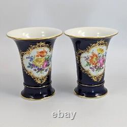 Meissen Hand-Painted Floral Cobalt Trumpet Vases