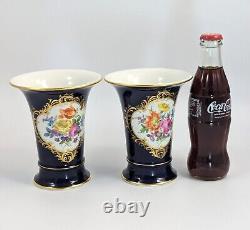 Meissen Hand-Painted Floral Cobalt Trumpet Vases