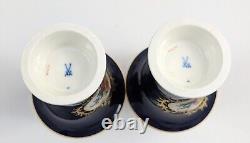 Meissen Hand-Painted Floral Cobalt Trumpet Vases