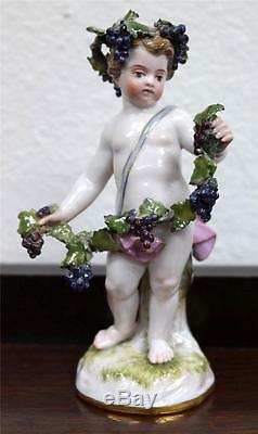 Meissen Hand Painted Porcelain Figure of Grape-Wine Wreath Cherub circa 1880s
