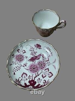 Meissen pink exotic bird Cup Saucer Hand Painted with pink flowers