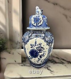 Mid Century BOCH Delfts Hand Painted Hyacinth Peonies Porcelain Jar With Foo Dog