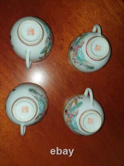 Mid Century Chinese Canton Tea set, Tray & 4 cups Landscape design & caligraphy