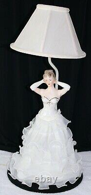 Mid Century Porcelain Lady Figurine Boudoir Table Lamp Fabric Skirt Hand Painted