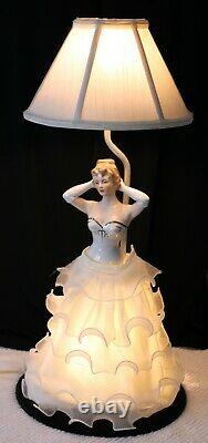 Mid Century Porcelain Lady Figurine Boudoir Table Lamp Fabric Skirt Hand Painted