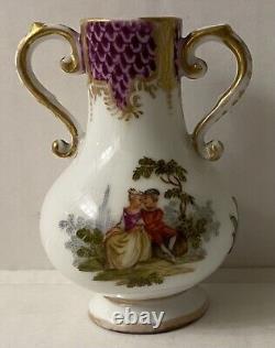Miniature Augustus Rex Dresden Hand Painted Porcelain Vase Courting Scenes