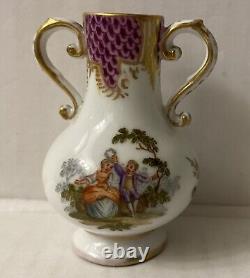 Miniature Augustus Rex Dresden Hand Painted Porcelain Vase Courting Scenes