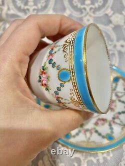 Minton Hand Painted Turquoise Rose Gold Enamel Tea Cup Saucer Set