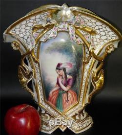 Monumental Antique Hand Painted Old Paris Porcelain Vase Figural Floral Gilded
