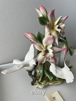 N Capodimonte Porcelain Hand Painted Orange Orchid Dove Figurine Italy Vintage