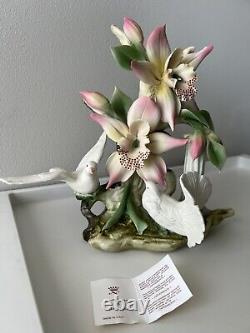 N Capodimonte Porcelain Hand Painted Orange Orchid Dove Figurine Italy Vintage