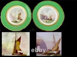 N791 Pair Antique Hand Painted Porcelain Plates Hastings River Thames Sailing