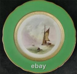 N791 Pair Antique Hand Painted Porcelain Plates Hastings River Thames Sailing