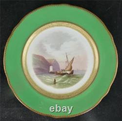 N791 Pair Antique Hand Painted Porcelain Plates Hastings River Thames Sailing