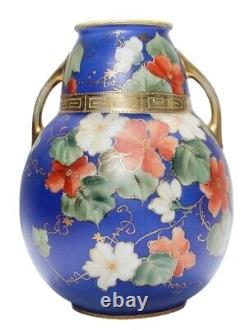 NIPPON Japanese Hand Painted Antique Porcelain Floral Gilt Double Handle Vase