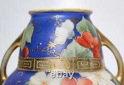 NIPPON Japanese Hand Painted Antique Porcelain Floral Gilt Double Handle Vase