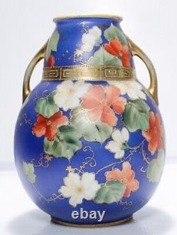 NIPPON Japanese Hand Painted Antique Porcelain Floral Gilt Double Handle Vase