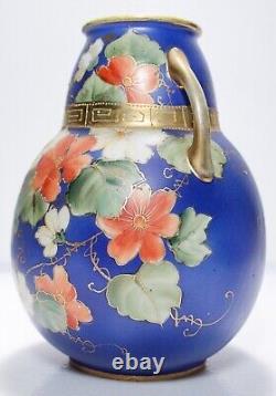 NIPPON Japanese Hand Painted Antique Porcelain Floral Gilt Double Handle Vase