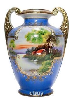 NORITAKE Nippon Japan Hand Painted Scenic Gold Gilt Double Handle Porcelain Vase