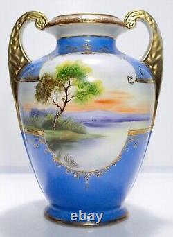 NORITAKE Nippon Japan Hand Painted Scenic Gold Gilt Double Handle Porcelain Vase