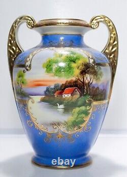 NORITAKE Nippon Japan Hand Painted Scenic Gold Gilt Double Handle Porcelain Vase