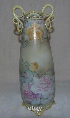 Nippon Double Handle Vase Old Green Leaf Stamp Roses 13